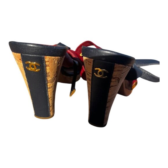 Chanel Shoes Blue Burgundy Cc Logo Cork Heel Leather Ankle Tie Size 6.5 - Picture 3 of 5